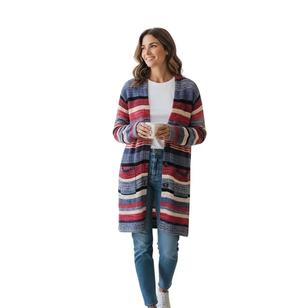 J. Jill Cotton Linen Southwestern‎ Striped Cardigan M Longline Cozy Rustic Boho